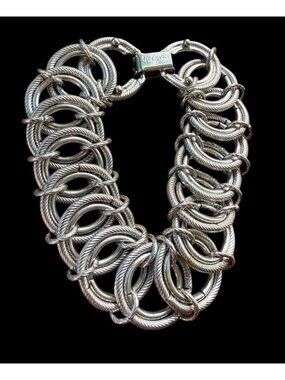 Vintage Signed Goldette NY Silver Tone Round Double Chain Link Bracelet 7.5”
